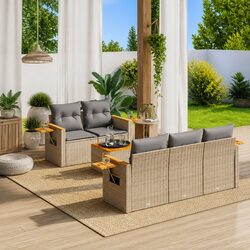 Garden Sofa Set 6 Piece Outdoor Furniture Beige Poly Rattan Patio Seating