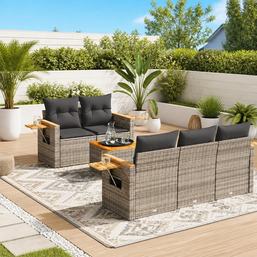 6 Piece Grey Rattan Garden Sofa Set with Easy Setup