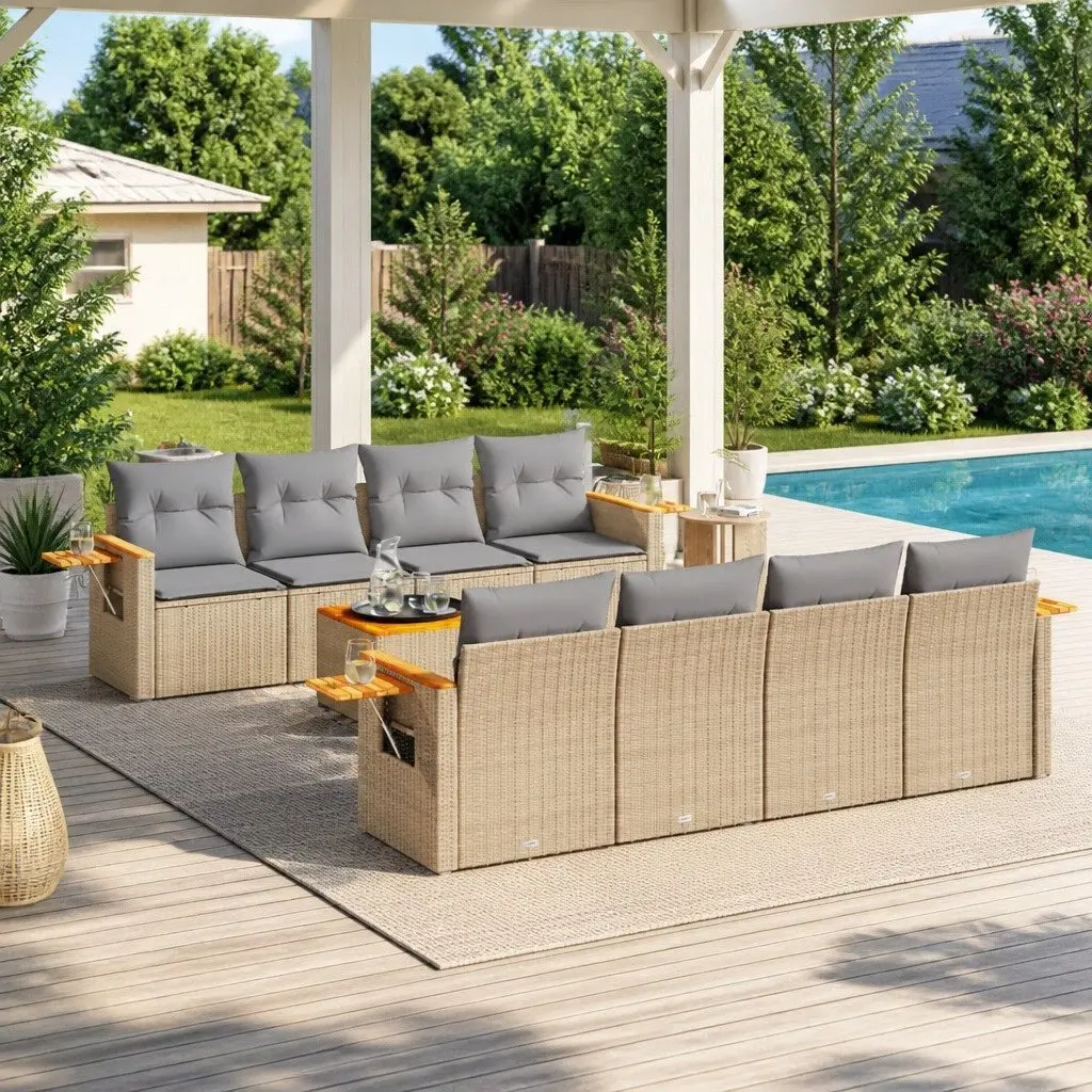 Garden Sofa Set Beige 9 Piece Outdoor Furniture Patio Poly Rattan with Cushions
