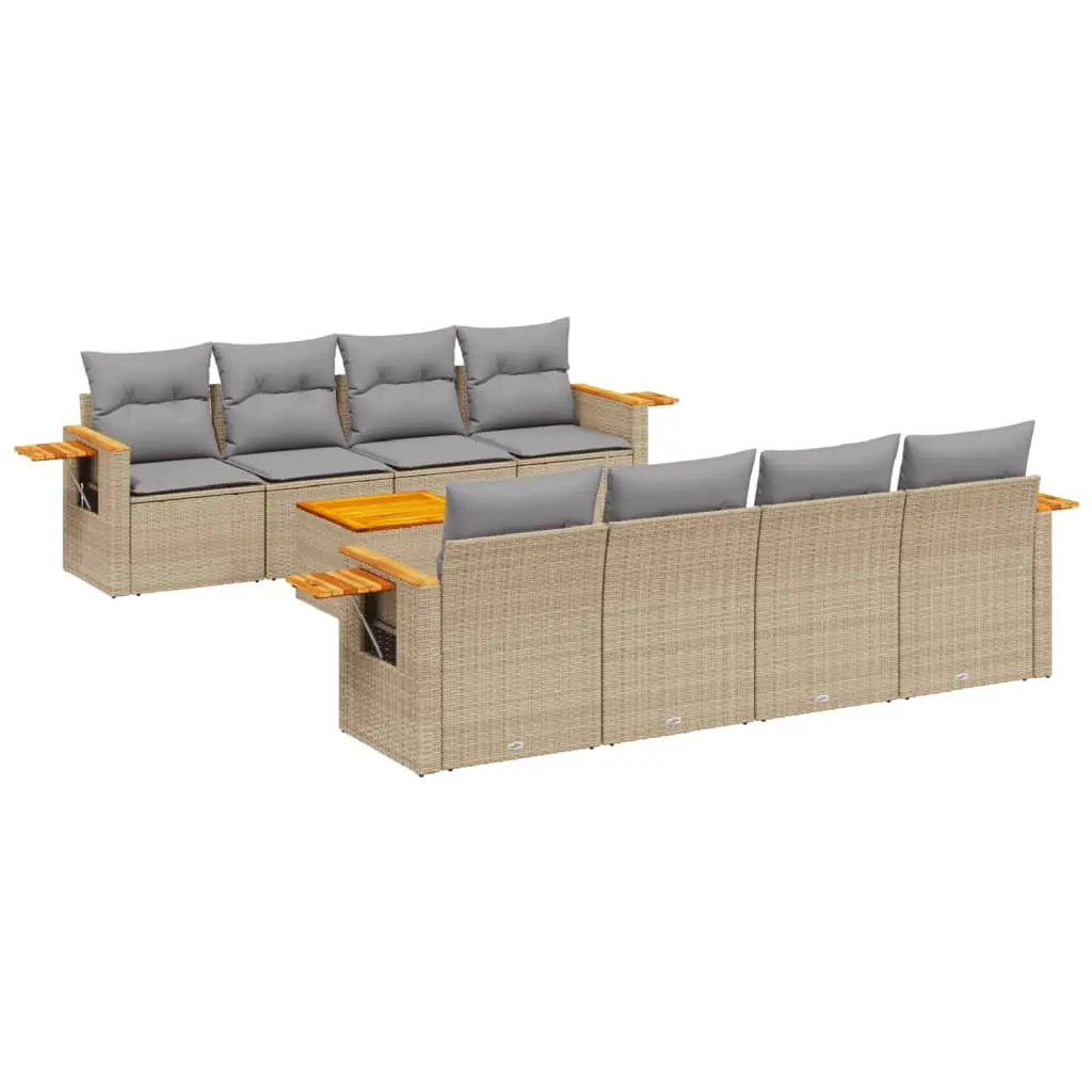 Garden Sofa Set Beige 9 Piece Outdoor Furniture Patio Poly Rattan with Cushions