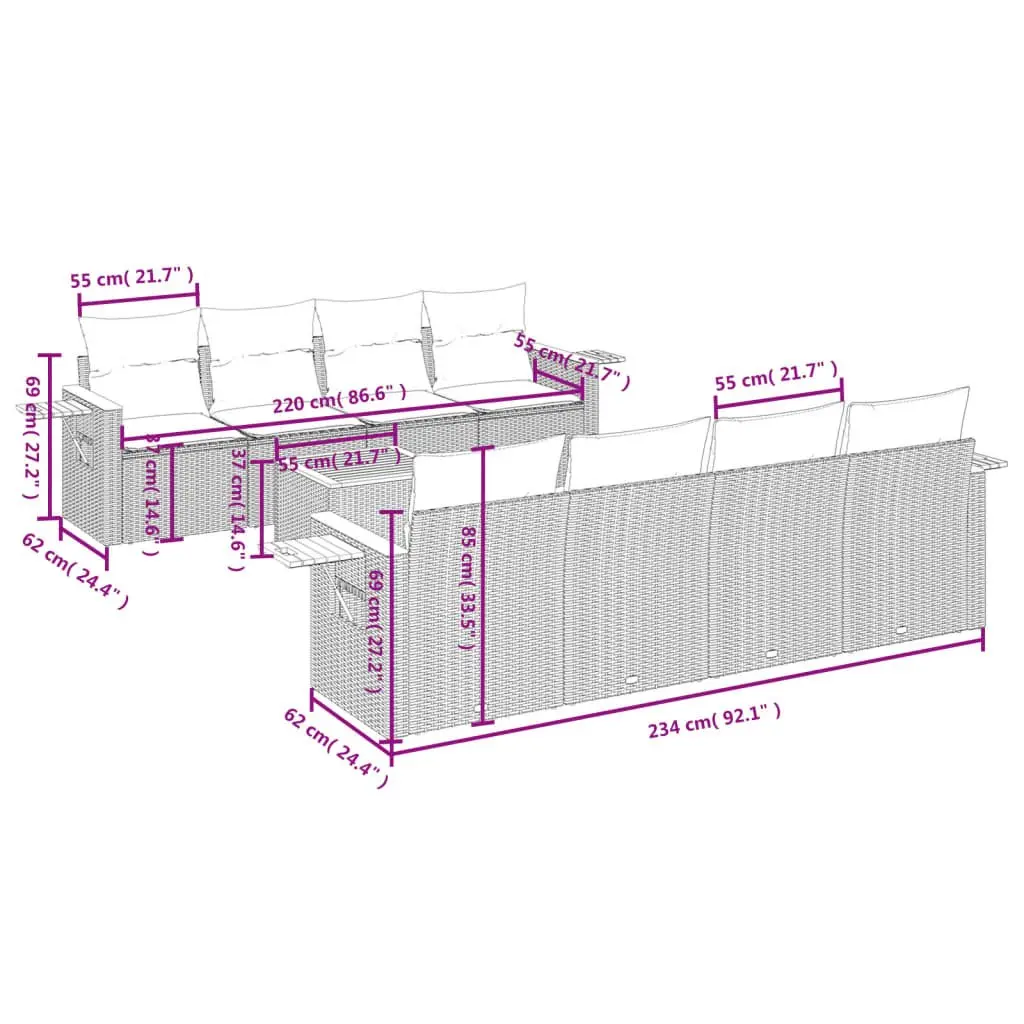 Garden Sofa Set Beige 9 Piece Outdoor Furniture Patio Poly Rattan with Cushions