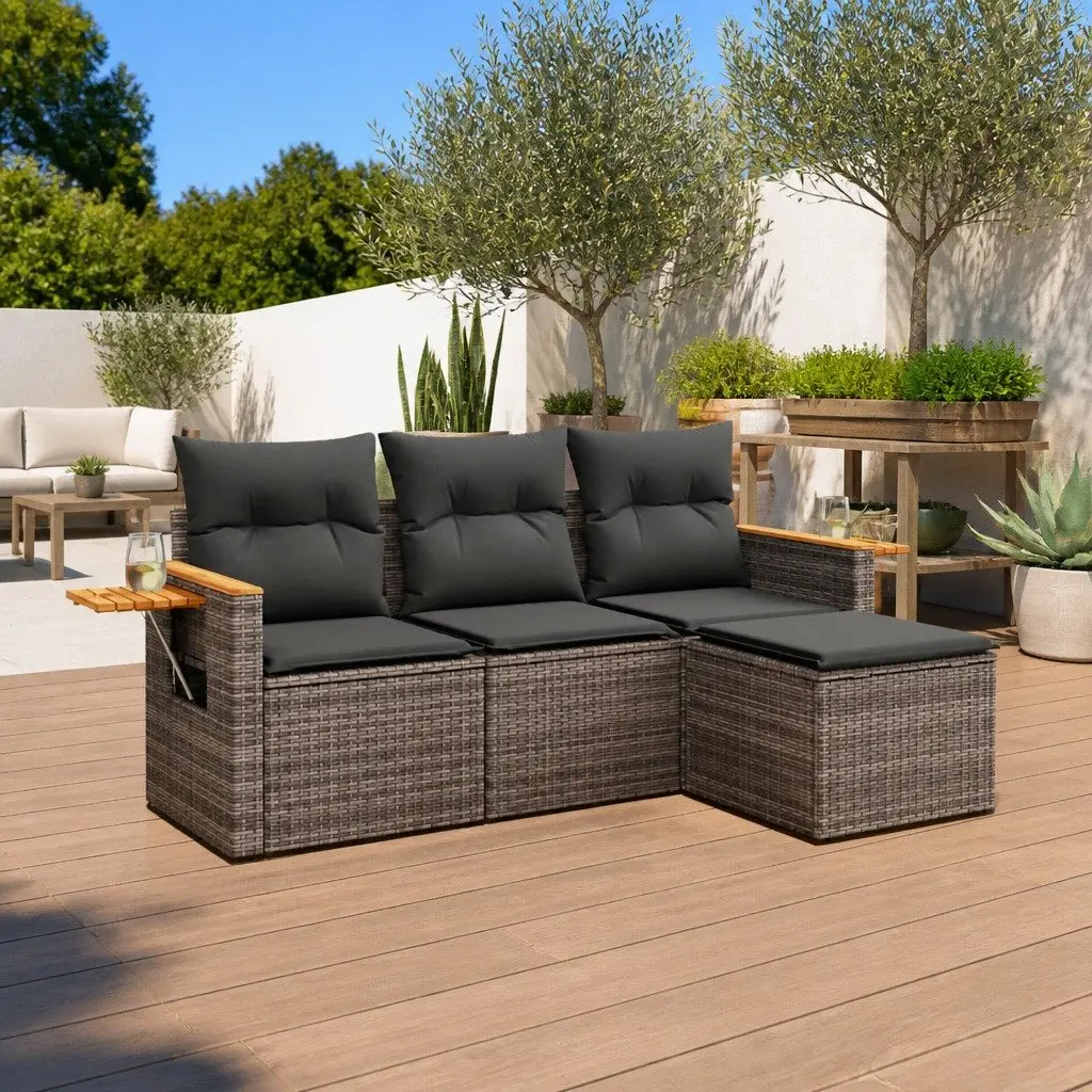 Garden Sofa Set Grey 4 Piece Outdoor Furniture Poly Rattan with Cushions Foldable Side Table