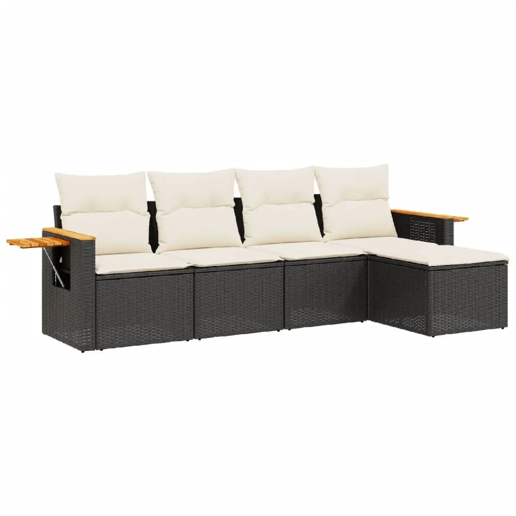 5 Piece Garden Sofa Set with Cushions Black Poly Rattan Outdoor Patio Furniture