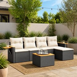 Outdoor Garden Sofa Set 6 Piece Black Poly Rattan Furniture Patio Lounge Modular