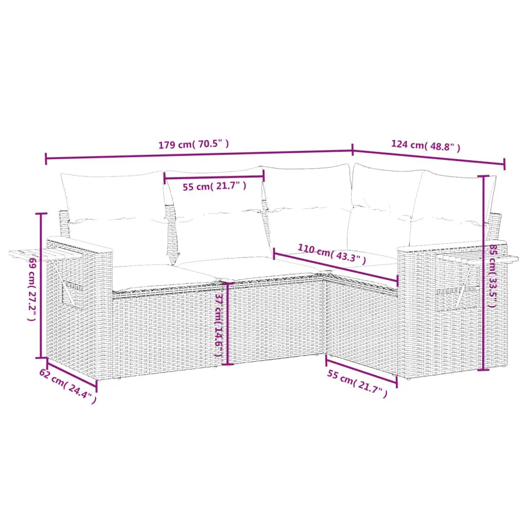 Black Modular Outdoor Furniture Sofa Set 4 Piece with Cushions and Foldable Side Table for Patio Garden
