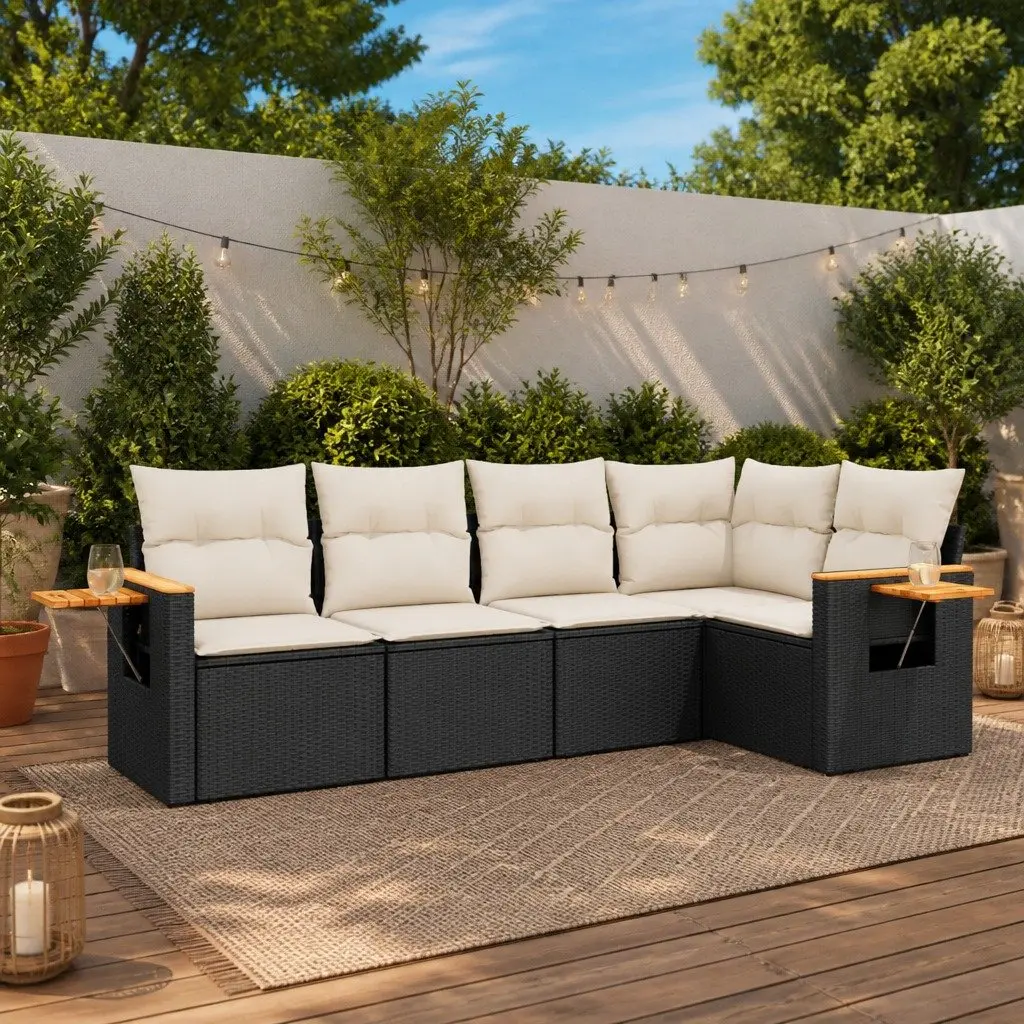 5 Piece Garden Sofa Set with Cushions in Black Rattan
