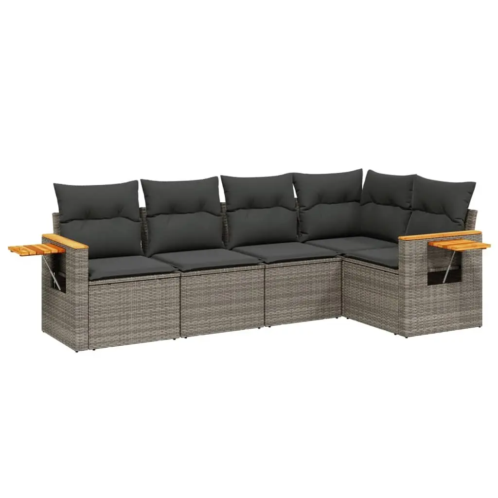 5 Piece Outdoor Garden Sofa Set Grey Poly Rattan Furniture Patio Lounge Cushions