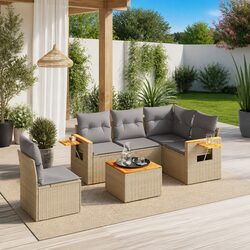 Outdoor Garden Sofa Set 6 Piece Beige Poly Rattan Patio Furniture with Cushions