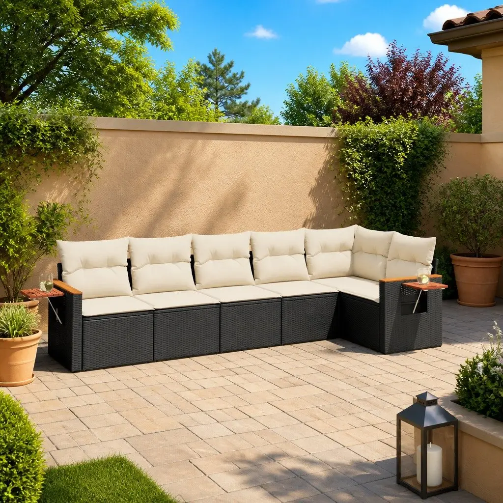 6 Piece Outdoor Garden Sofa Set with Cushions Black Poly Rattan Furniture Patio