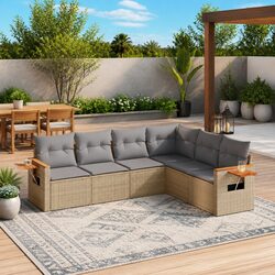 Garden Sofa Set 6 Piece Outdoor Furniture Beige Poly Rattan Modular Patio
