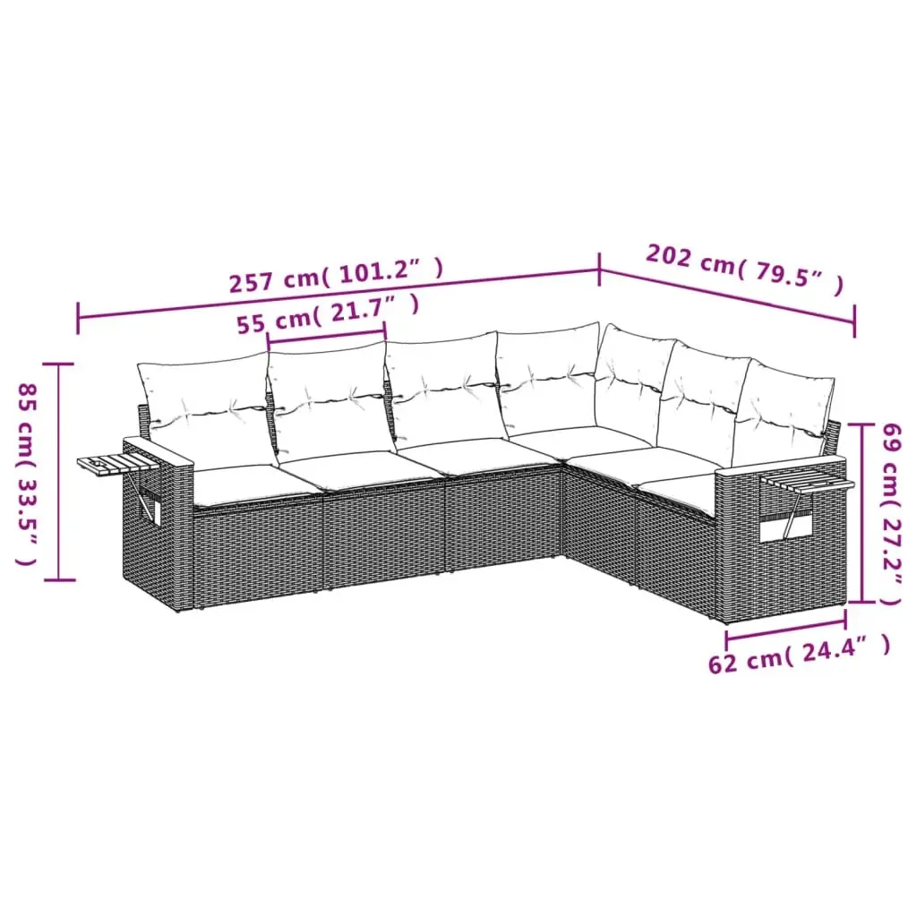 Garden Sofa Set Beige 6 Piece Modular Outdoor Furniture with Foldable Side Table