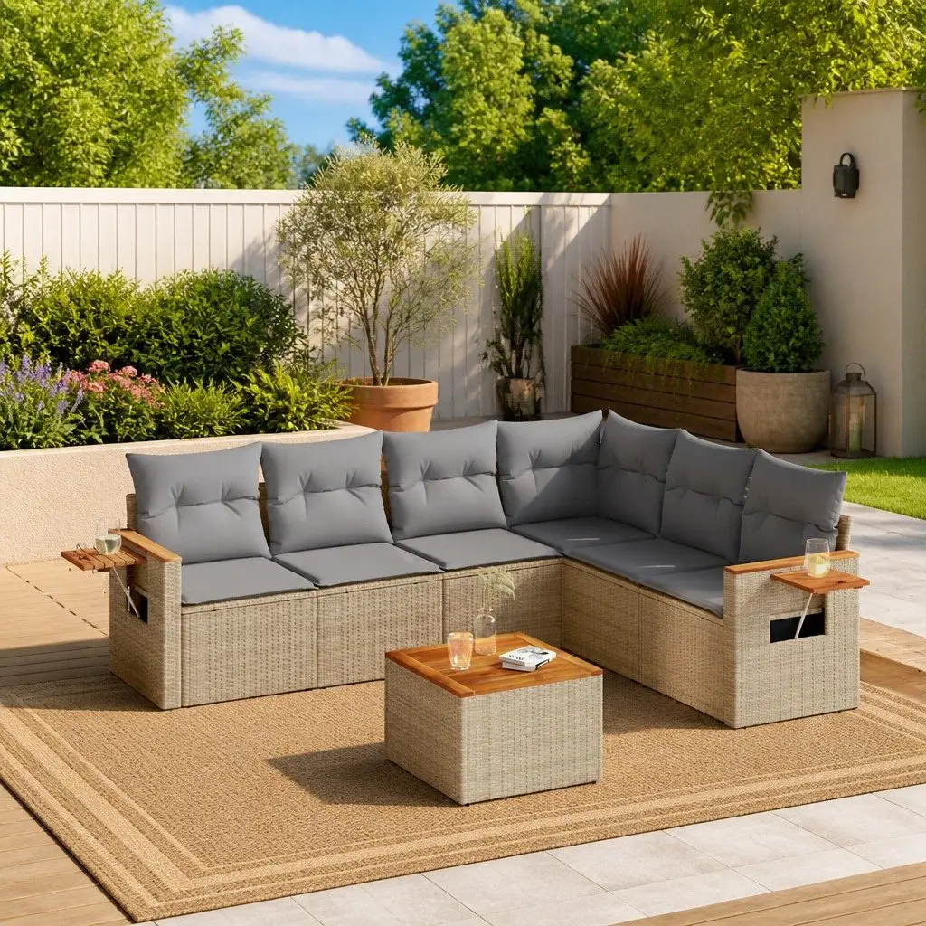 7 Piece Beige Outdoor Sofa Set for Garden Relaxation