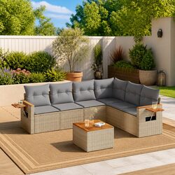 7 Piece Beige Outdoor Sofa Set for Garden Relaxation