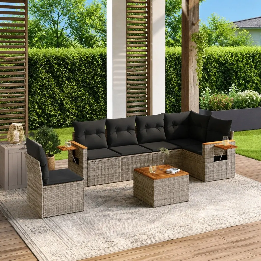 Modular Sofa Set Grey 7 Piece Outdoor Furniture with Cushions and Acacia Wood Table