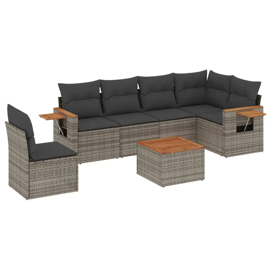 Modular Sofa Set Grey 7 Piece Outdoor Furniture with Cushions and Acacia Wood Table