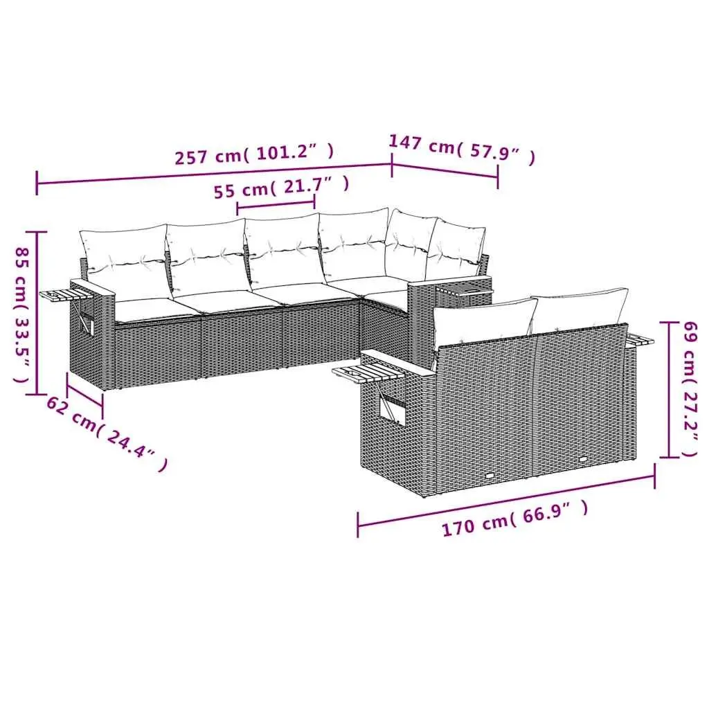 7 Piece Garden Sofa Set Black Poly Rattan Outdoor Furniture Patio Cushions