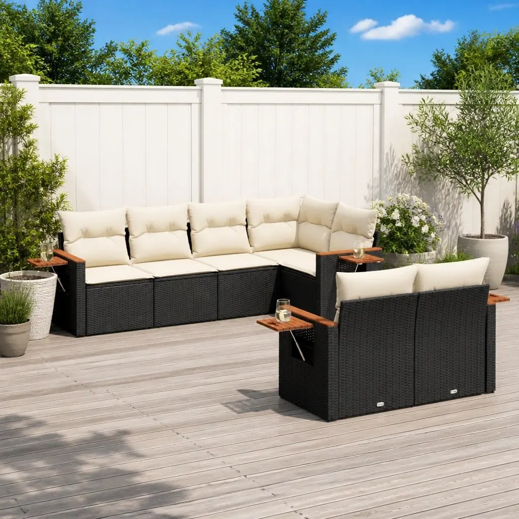 Garden Sofa Set Black 7 Piece Outdoor Furniture Poly Rattan with Cushions
