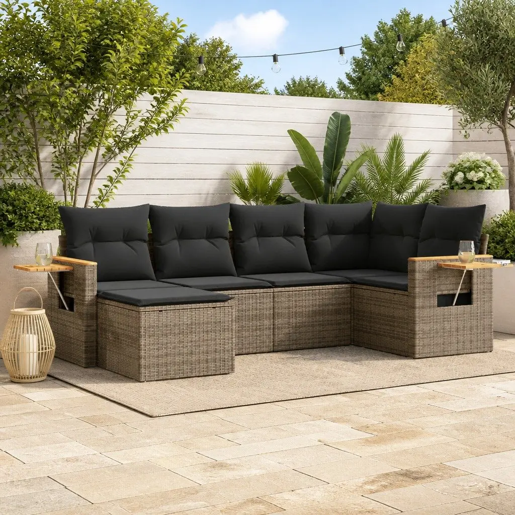 Garden Sofa Set 6 Piece Outdoor Furniture Grey Poly Rattan Modular with Cushions