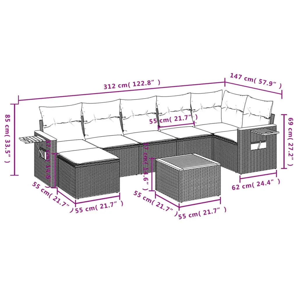 Garden Sofa Set Grey 8 Piece Modular Outdoor Furniture Rattan with Foldable Side Table