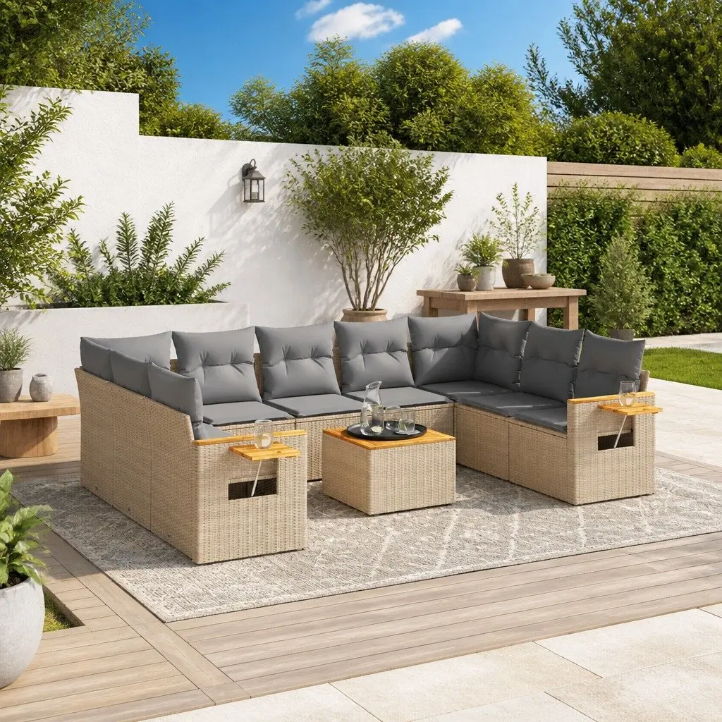 Garden Sofa Set Beige 10 Piece Outdoor Patio Furniture Rattan with Cushions