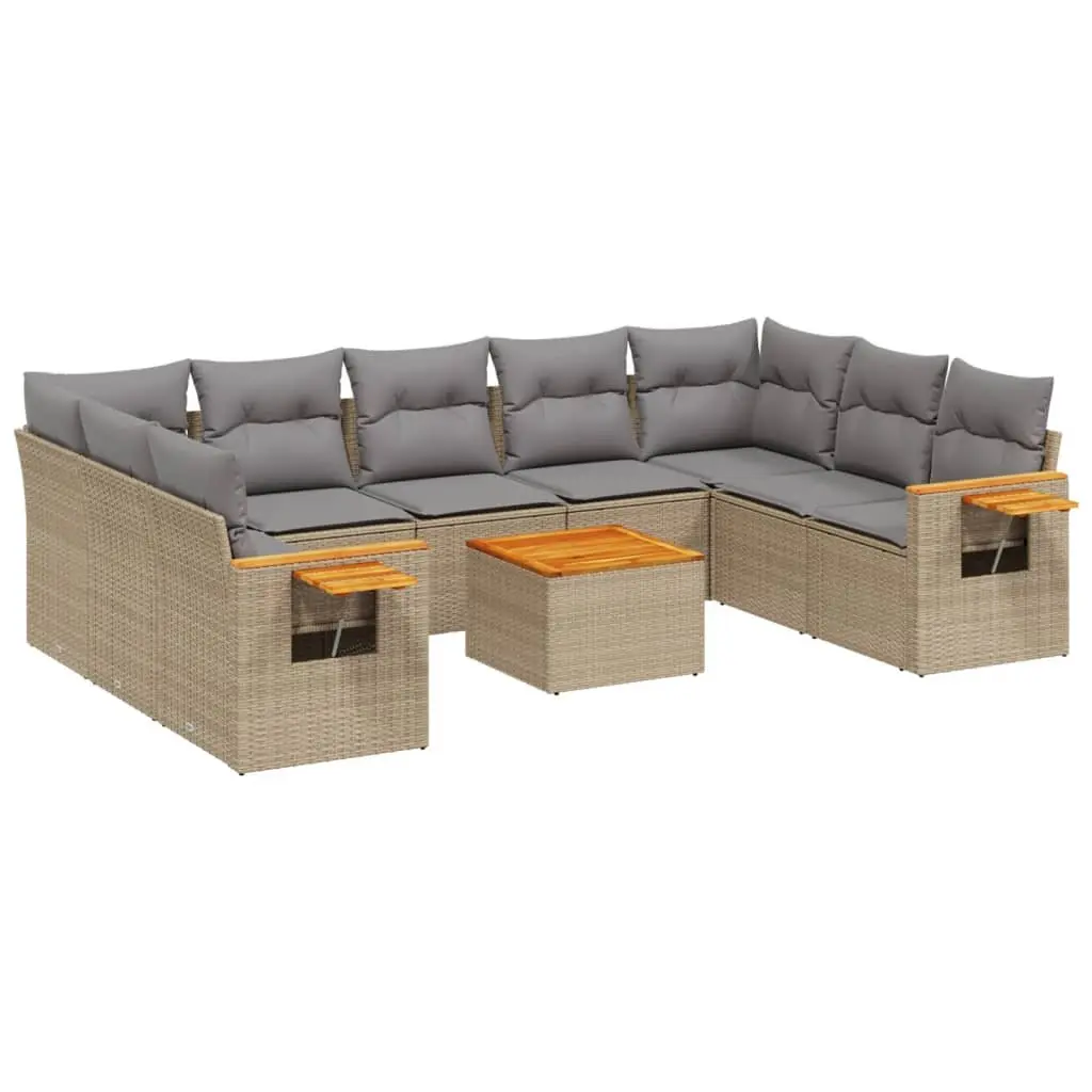 Garden Sofa Set Beige 10 Piece Outdoor Patio Furniture Rattan with Cushions