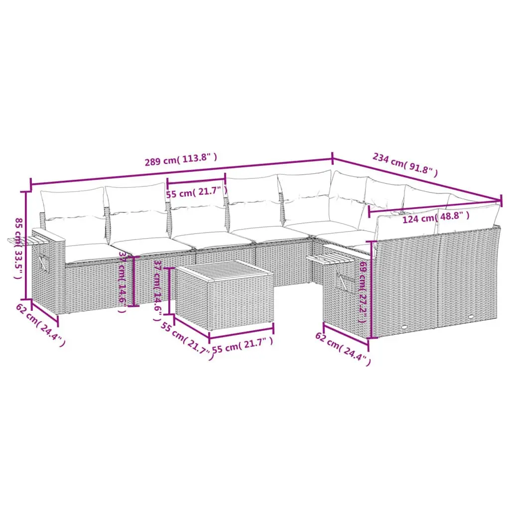 Garden Sofa Set Grey 10 Piece Outdoor Furniture Poly Rattan with Cushions