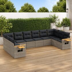 10 Piece Garden Sofa Set with Cushions Grey Poly Rattan Outdoor Patio Furniture