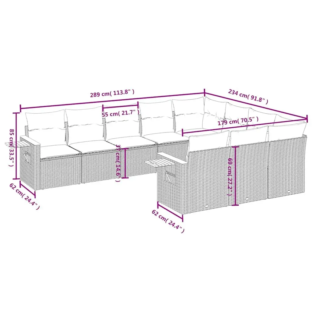 Garden Sofa Set Black 10 Piece Modular Outdoor Furniture with Removable Cushions