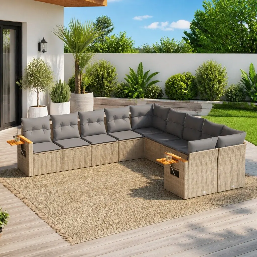 Garden Sofa Set 10 Piece Outdoor Patio Furniture Beige Poly Rattan Modular