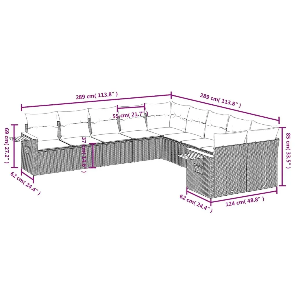 10 Piece Garden Sofa Set Outdoor Patio Furniture with Cushions Grey Poly Rattan