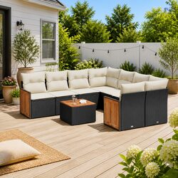 9 Piece Garden Sofa Set with Cushions Black Outdoor Patio Furniture Poly Rattan