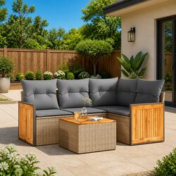 Outdoor Garden Sofa Set 5 Piece Patio Furniture with Cushions Beige Rattan