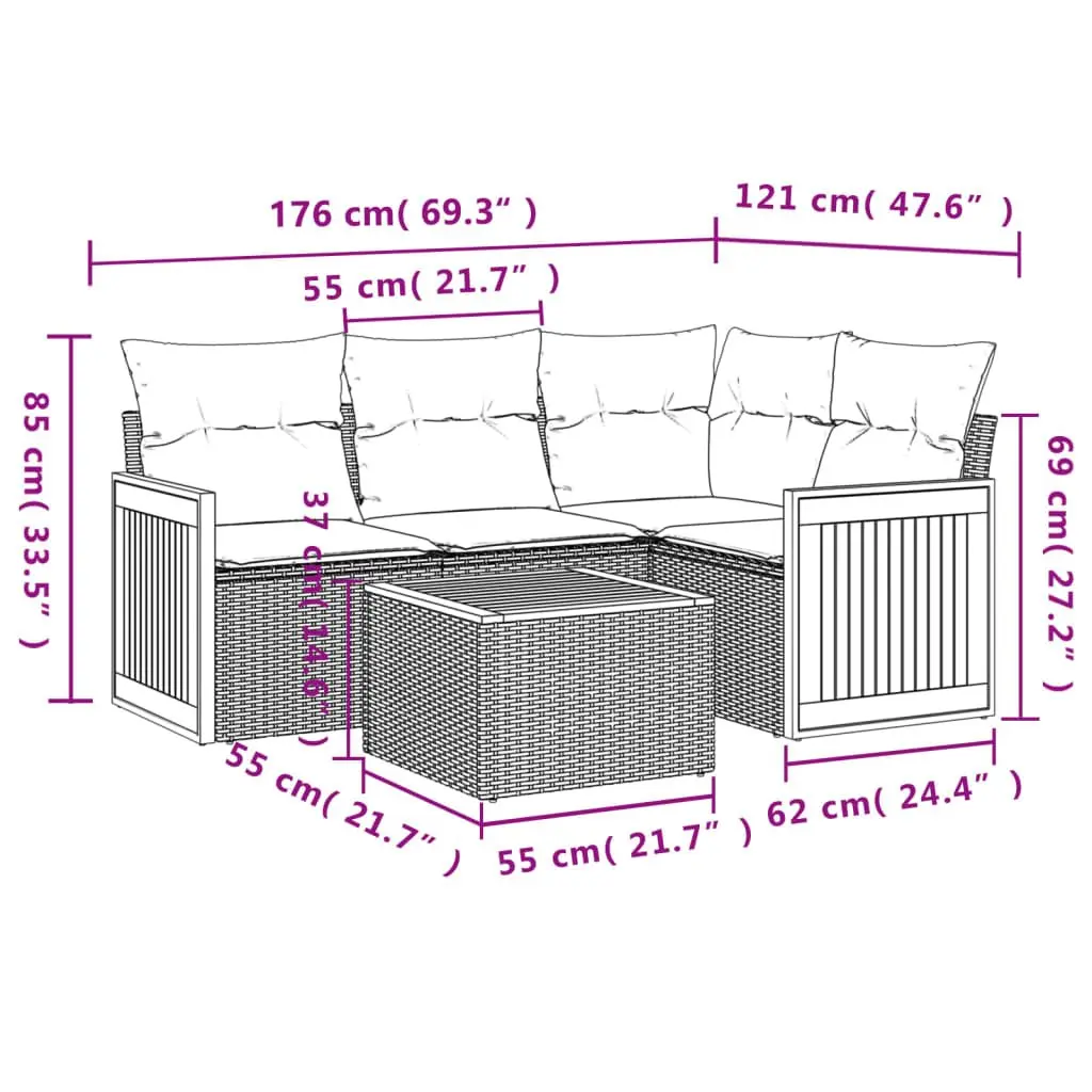 Garden Sofa Set Grey 5 Piece Modular Outdoor Furniture with Cushions