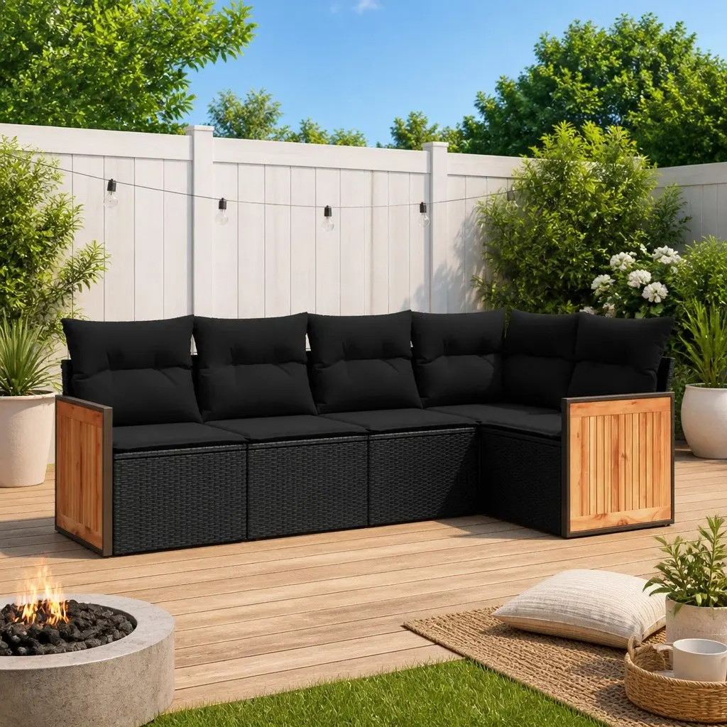 Garden Sofa Set Black 5 Piece Outdoor Furniture Cushioned Seating