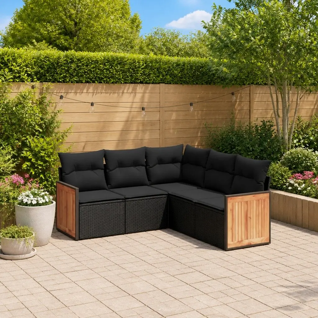 Garden Sofa Set Black 5 Piece Outdoor Furniture Patio Sectional with Cushions
