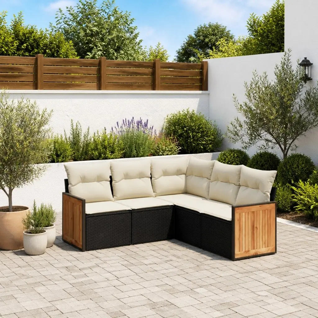 Garden Sofa Set 5 Piece Outdoor Patio Furniture Black Poly Rattan with Cushions