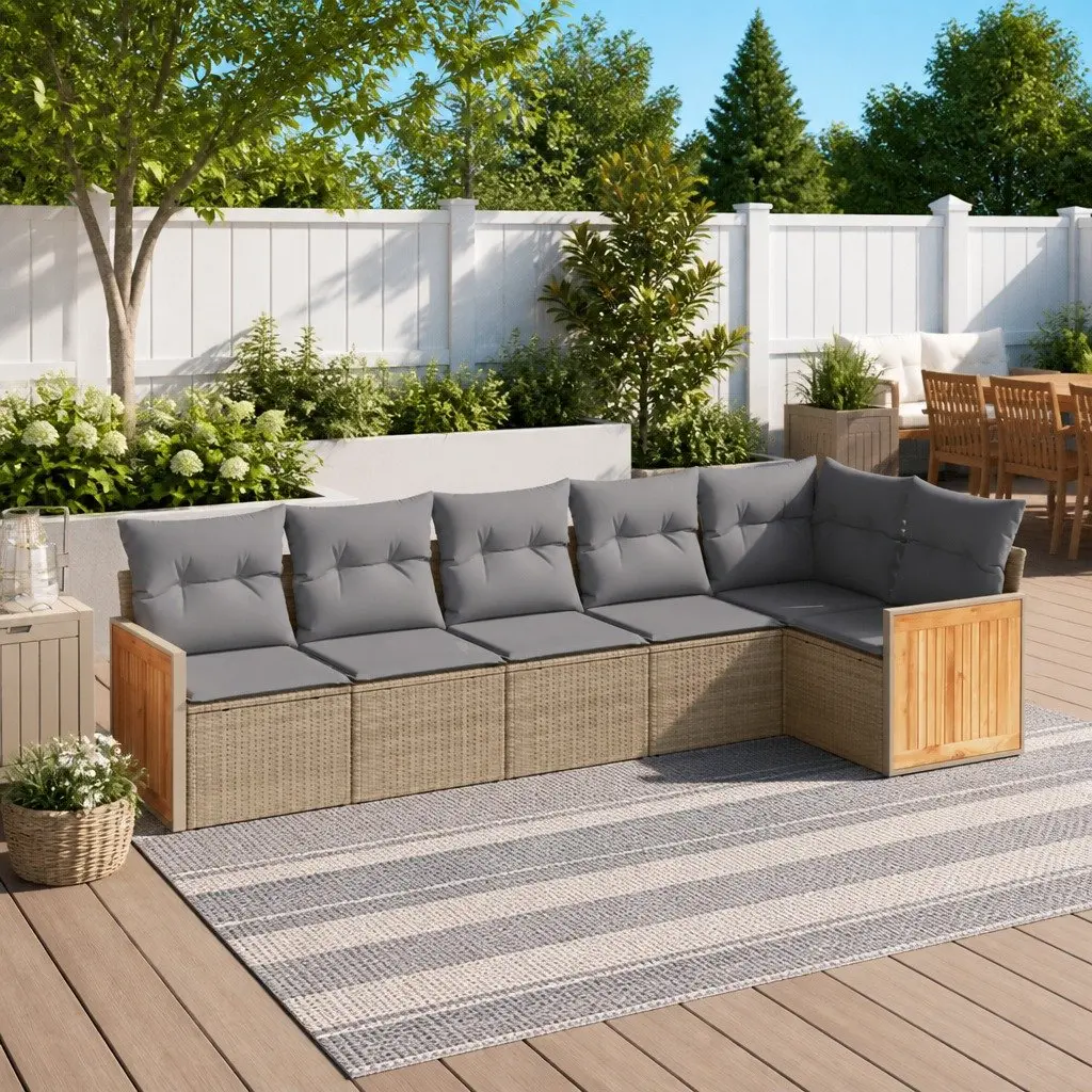 Garden Sofa Set Beige 6 Piece Modular Outdoor Furniture Durable PE Rattan with Thick Cushions