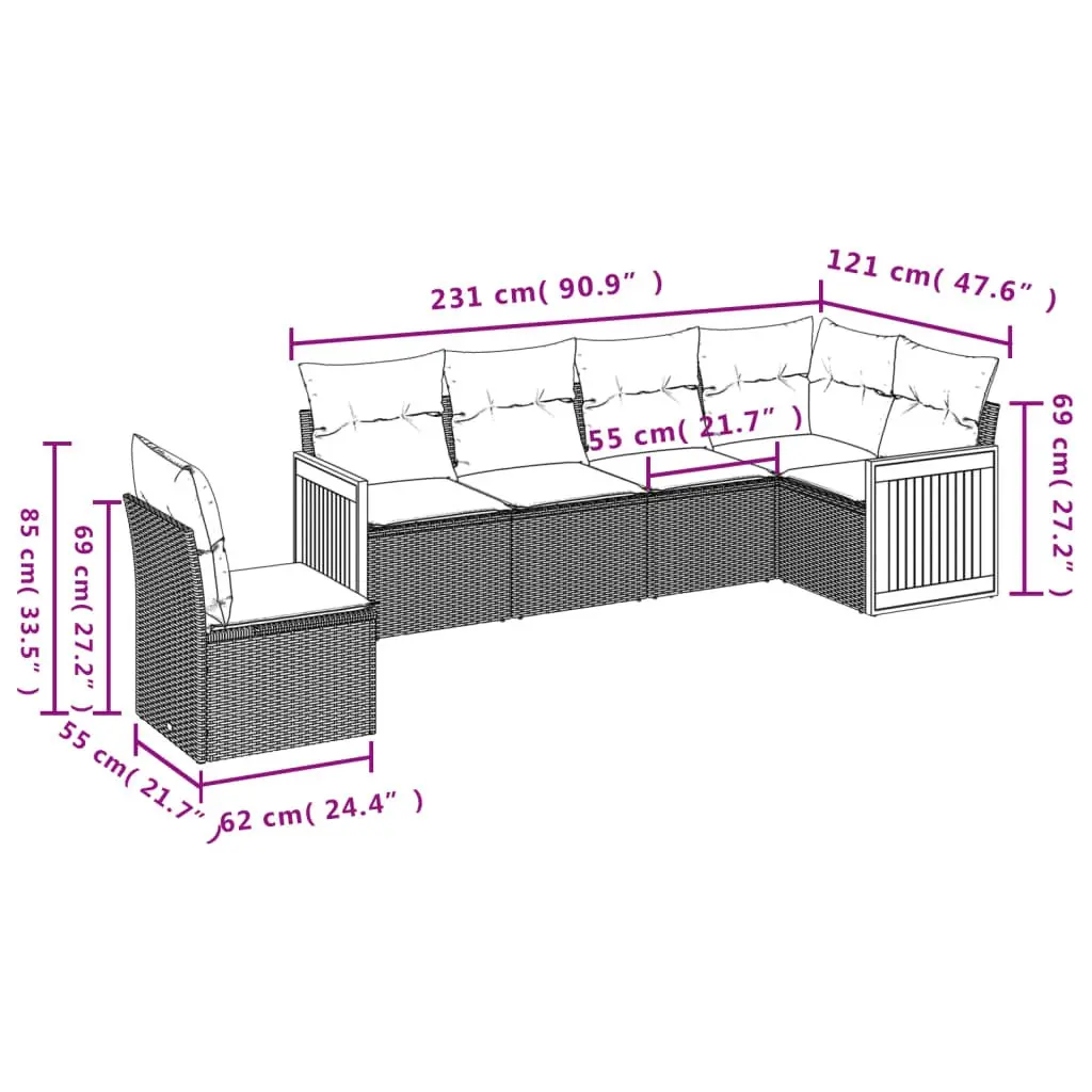 Garden Sofa Set Grey 6 Piece Modular Outdoor Furniture with Cushions