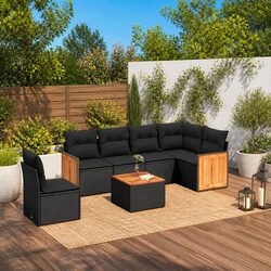 7 Piece Garden Sofa Set Black Poly Rattan Outdoor Furniture Patio with Cushions