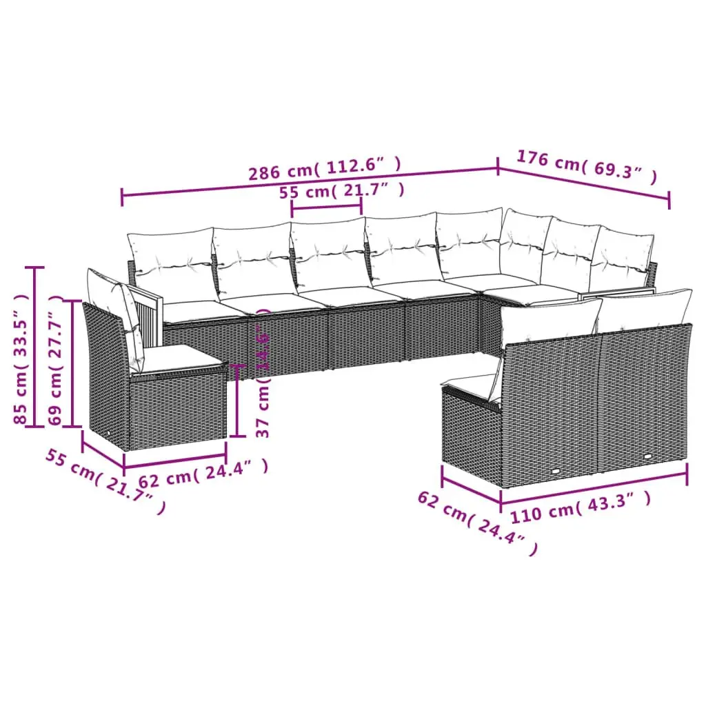 Garden Sofa Set 10 Piece Outdoor Furniture Patio Black Poly Rattan with Cushions