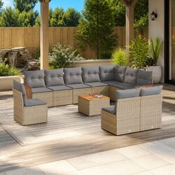 Outdoor Garden Sofa Set 11 Piece Beige Poly Rattan Patio Furniture with Cushions