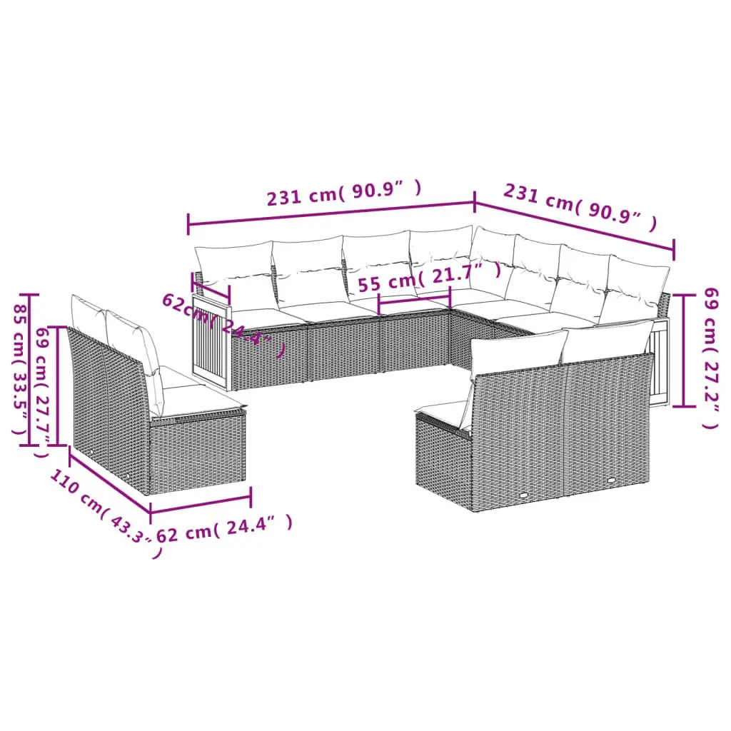 Garden Sofa Set 11 Piece Outdoor Furniture Patio Sectional with Cushions Black