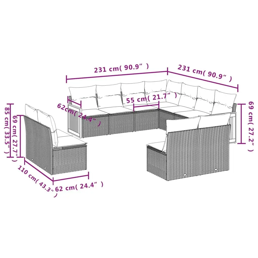 Garden Sofa Set Grey 11 Piece Modular Outdoor Furniture with Cushions
