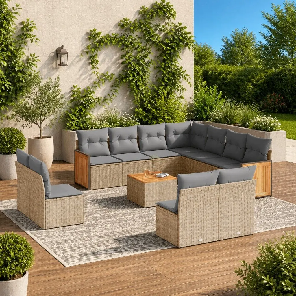 Garden Sofa Set 12 Piece Outdoor Furniture Beige Rattan with Cushions Patio