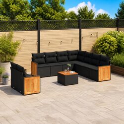 10 Piece Outdoor Garden Sofa Set with Cushions Black Patio Furniture Lounge