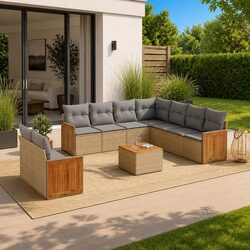 Compact 10-Piece Beige Outdoor Sofa Set with Cushions