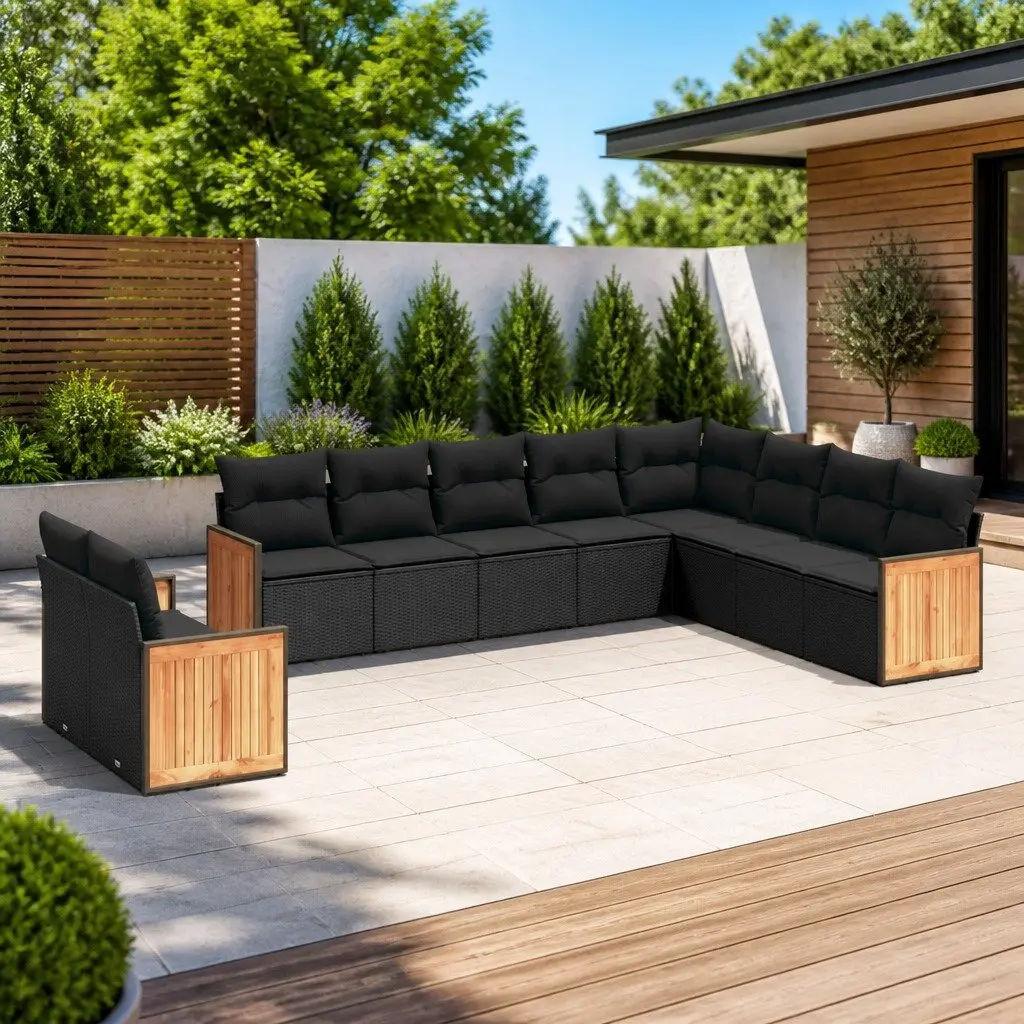 Garden Sofa Set Black 10 Piece Modular Outdoor Furniture with Cushions