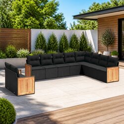 Garden Sofa Set 10 Piece Outdoor Furniture Black Poly Rattan Patio with Cushions