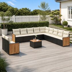 Garden Sofa Set 12 Piece Outdoor Furniture Black Poly Rattan Modular Patio