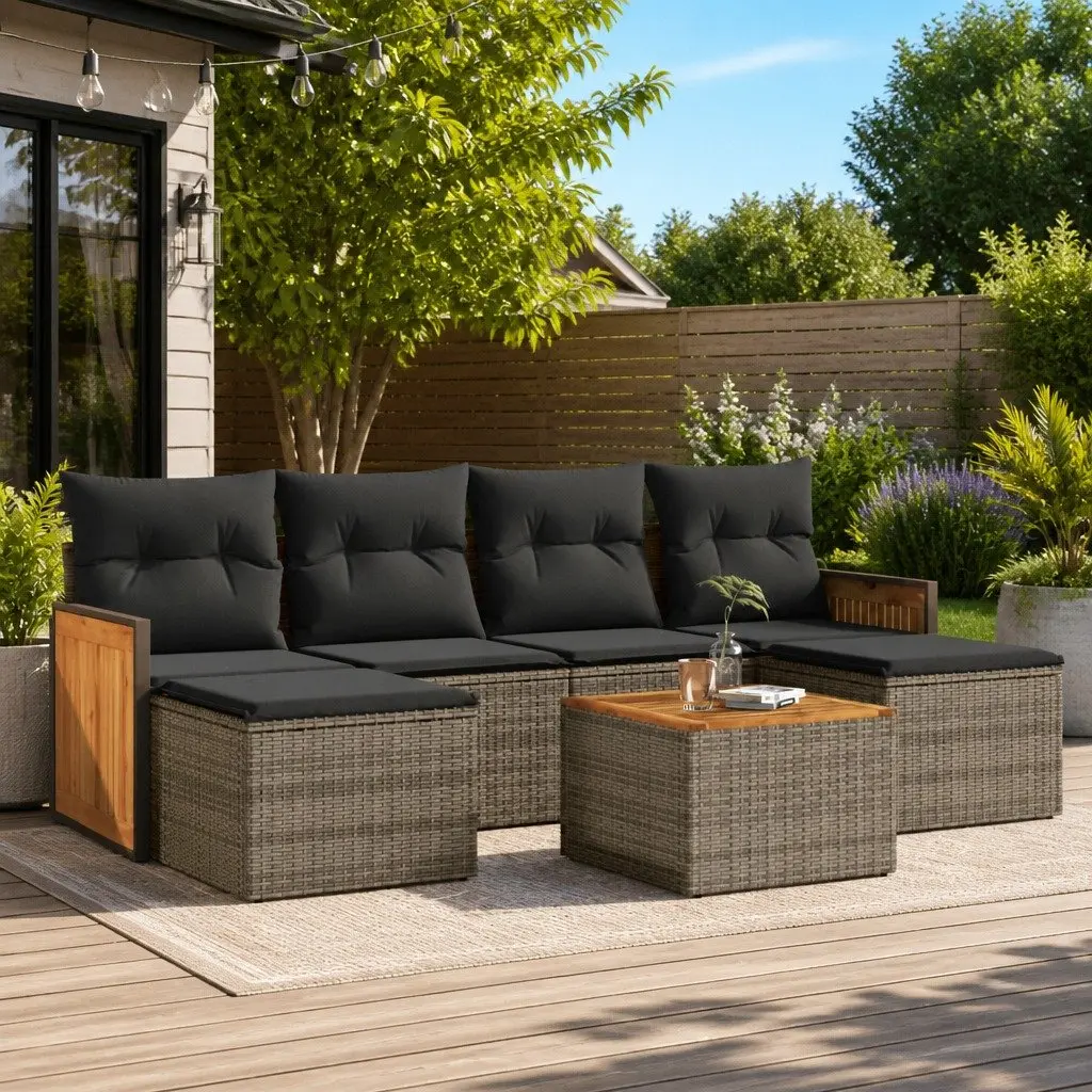 7 Piece Garden Sofa Set Grey Poly Rattan Outdoor Furniture Patio with Cushions